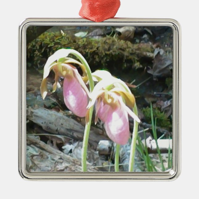 Pink lady slipper Orchid Metal Ornament (Front)