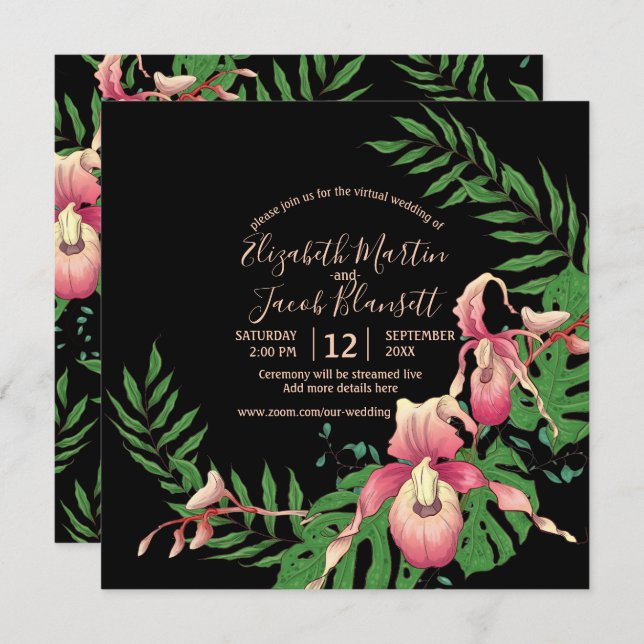 Pink Lady Slipper Orchid on Black Virtual Wedding Invitation (Front/Back)