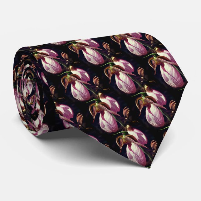 Pink Lady Slipper Orchid Pair Flower Nature  Neck Tie (Rolled)