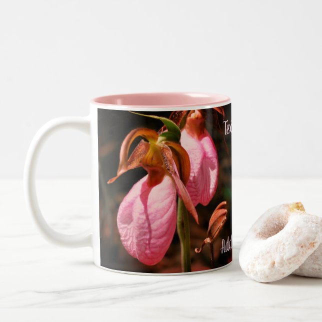 Pink Lady Slipper Orchid Pair  Personalized   Two-Tone Coffee Mug (With Donut)
