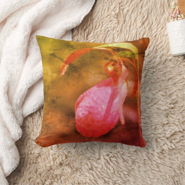 Pink Lady Slipper Orchid Raindrop Art Throw Pillow (Blanket)