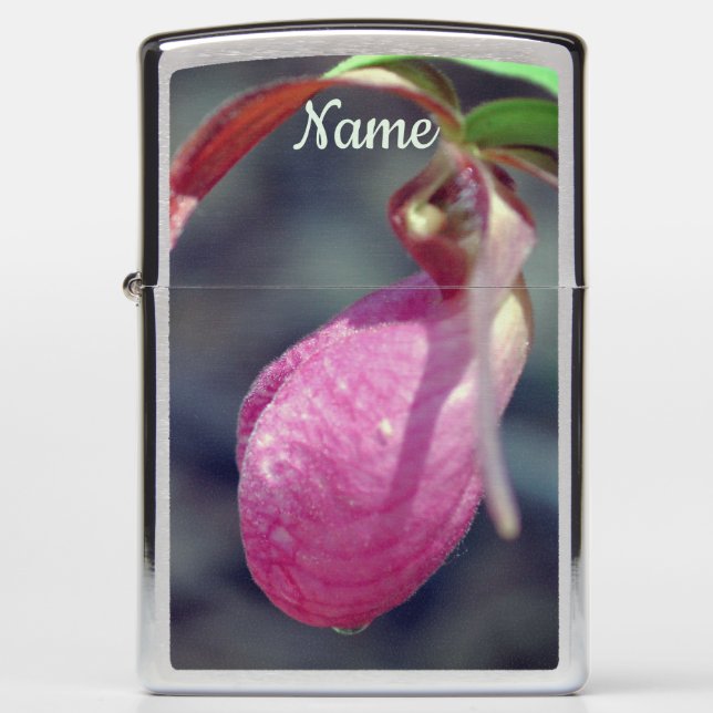 Pink Lady Slipper Orchid Raindrop Personalized Zippo Lighter (Front)
