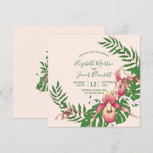 Pink Lady Slipper Orchid Wreath Peach Wedding Invitation