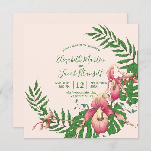 Pink Lady Slipper Orchid Wreath Peach Wedding Invitation