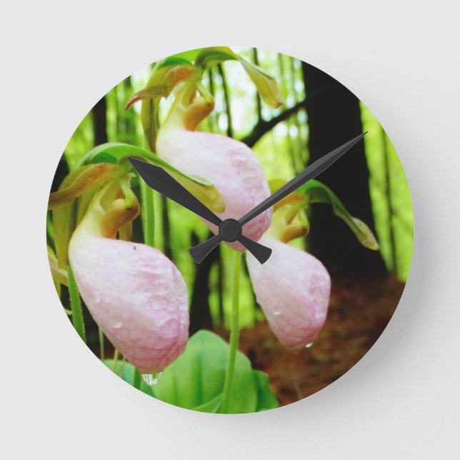 Pink Lady Slipper wild Orchid Round Clock (Front)