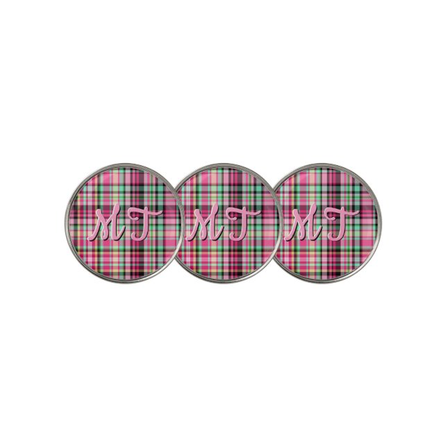 Pink Lady Slipper Wildflower Plaid Pink and Black Golf Ball Marker (3 Up)