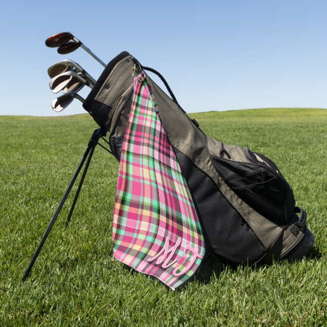 Pink Lady Slipper Wildflower Plaid Pink and Black Golf Towel (Green)