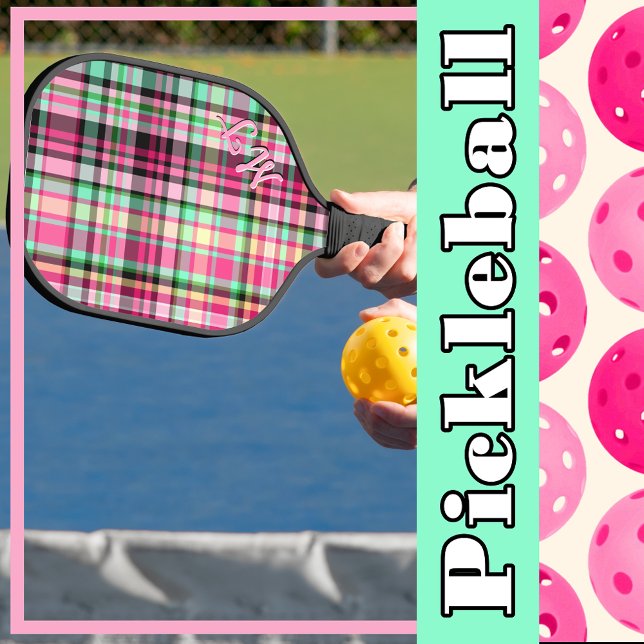 Pink Lady Slipper Wildflower Plaid Pink and Black Pickleball Paddle (Pink Lady Slipper Wildflower Plaid Pink and Black Personalized with Initials Pickleball Paddle)