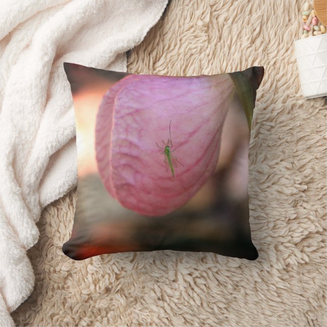 Pink Lady Slipper With Visiting Green Insect   Throw Pillow (Blanket)