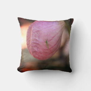 Pink Lady Slipper With Visiting Green Insect Throw Pillow