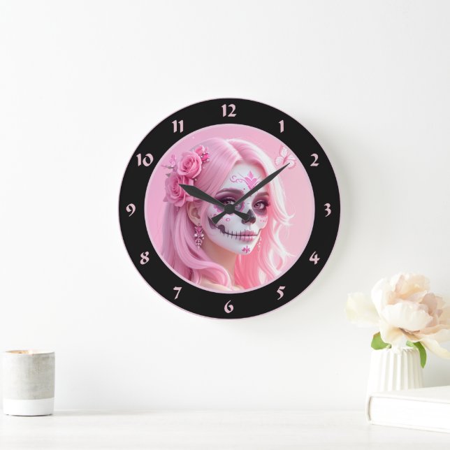 Pink Lady Sugar Skull Large Clock (Home)