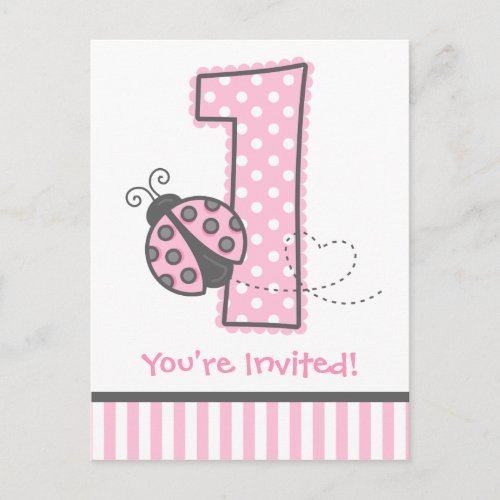 Pink Ladybug 1st Birthday Invitation