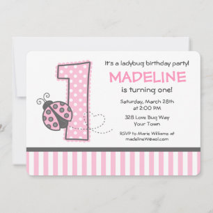 Pink Ladybug 1st Birthday Invitation