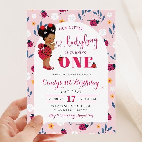 Pink Ladybug African Afro Girl First Birthday Invitation