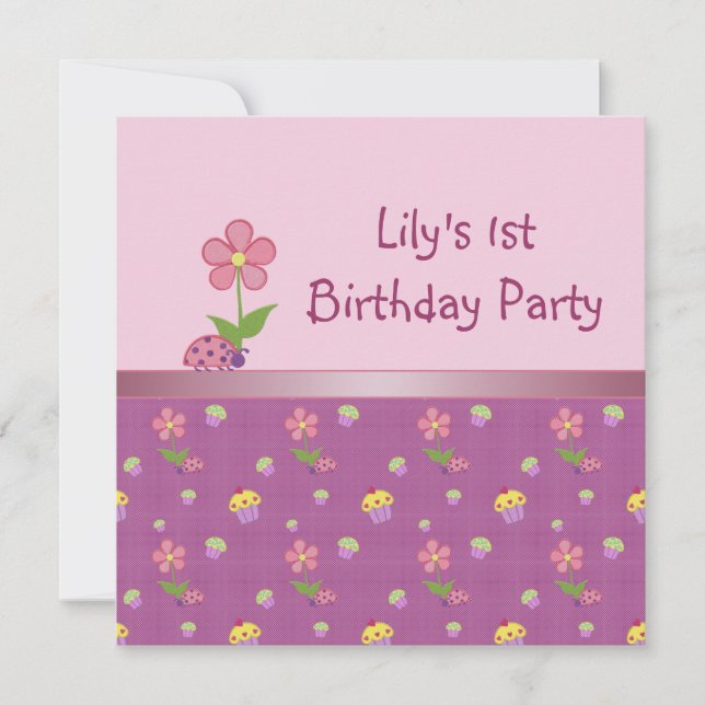 Pink Ladybug and Cupcake Birthday Party Invitation (Front)