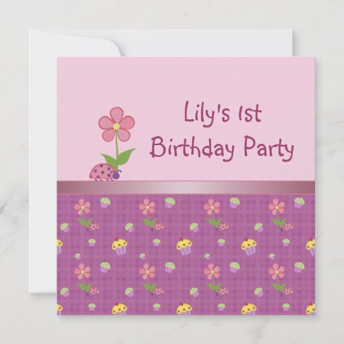 Pink Ladybug and Cupcake Birthday Party Personalized Announcement
