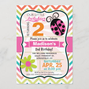 Pink Ladybug and Flower Girly Birthday Party Invitation
