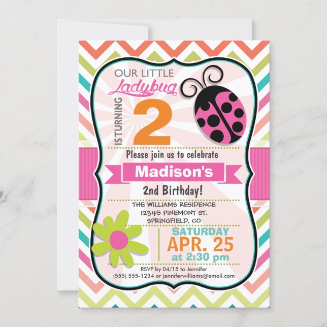 Pink Ladybug and Flower Girly Birthday Party Invitation (Front)