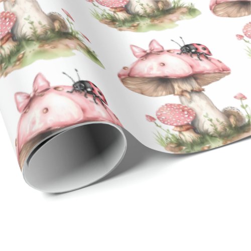 Pink Ladybug and Mushroom Baby shower  Wrapping Paper