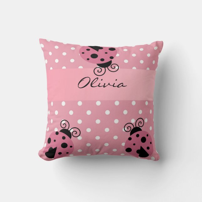 Pink Ladybug and Polka Dots Personalized Pillow (Front)