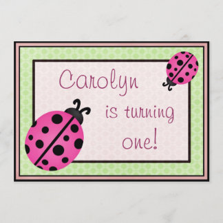 Pink Ladybug Baby Girl Birthday Party Invite Green