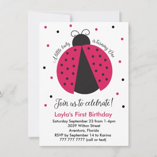 Pink Ladybug Baby Girls First Birthday Invitation