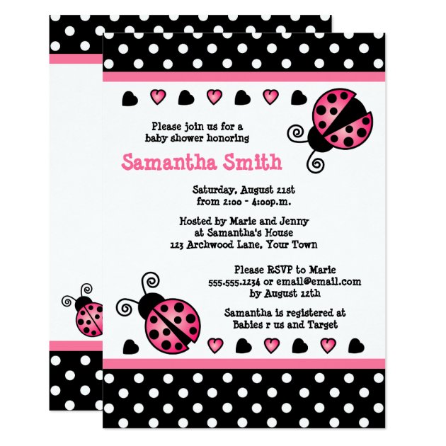 Pink Ladybug Baby Shower Black & White Polka Dots Invitation