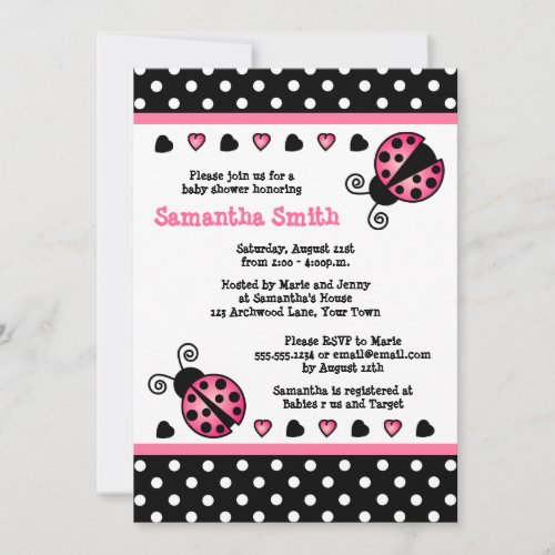 Pink Ladybug Baby Shower Black &amp; White Polka Dots Personalized Announcement