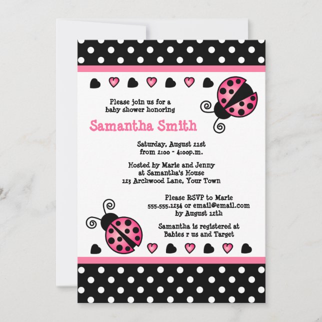 Pink Ladybug Baby Shower Black & White Polka Dots Invitation (Front)
