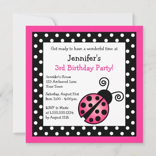 Pink Ladybug Birthday - Black and White Polka Dots Custom Invitation