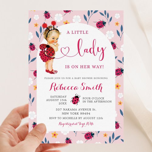 Pink Ladybug Blonde Girl Baby Shower Invitation