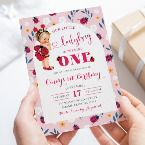 Pink Ladybug Blonde Girl First Birthday Invitation