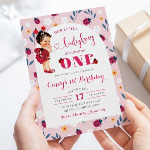 Pink Ladybug Brown Hair girl First Birthday Invitation