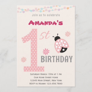 Pink Ladybug First Birthday Party Invitation