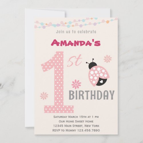 Pink Ladybug First Birthday Party Invitation