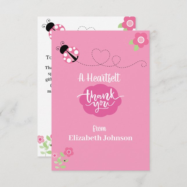 Pink Ladybug Flat Thank You Card (Front/Back)