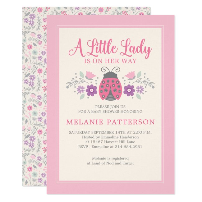 Pink Ladybug Floral Girl Baby Shower Invitation