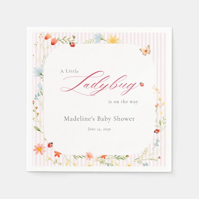 Pink Ladybug Garden Floral Baby Shower Napkins (Front)