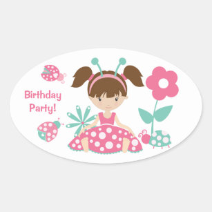 Pink Ladybug Girl Kids Birthday Party Oval Sticker