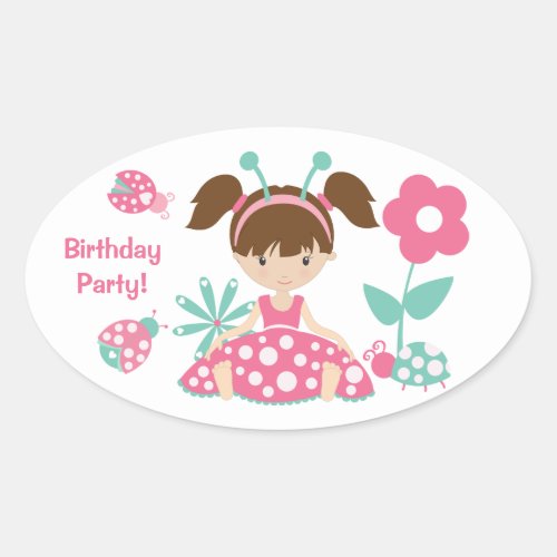 Pink Ladybug Girl Kids Birthday Party Oval Sticker