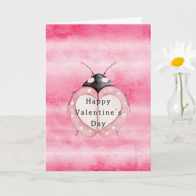 Pink Ladybug Heart Valentine's Day Card (Small Plant)