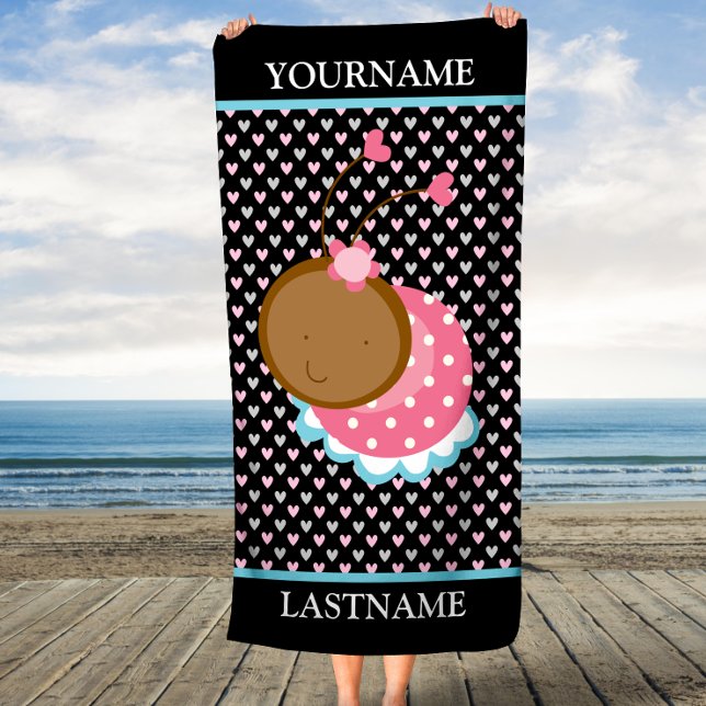 Pink Ladybug Hearts Custom Name and Last Name Beach Towel (Creator Uploaded)