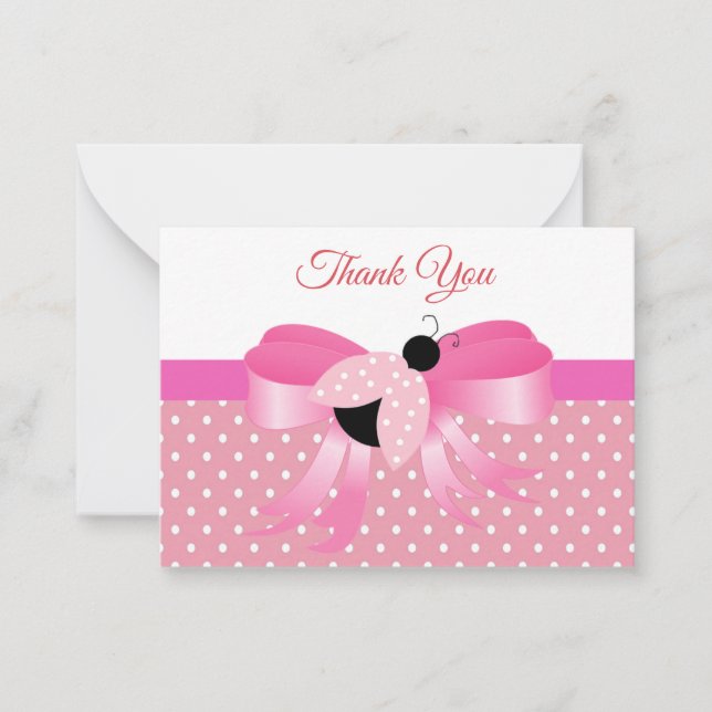 Pink Ladybug On Pink Ribbon Thank You Note Card (Front)