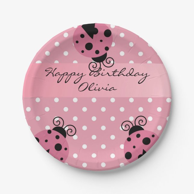 Pink Ladybug Personalized Birthday Paper Plates (Front)