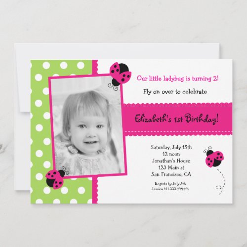 Pink Ladybug Photo BIrthday Party Invitations