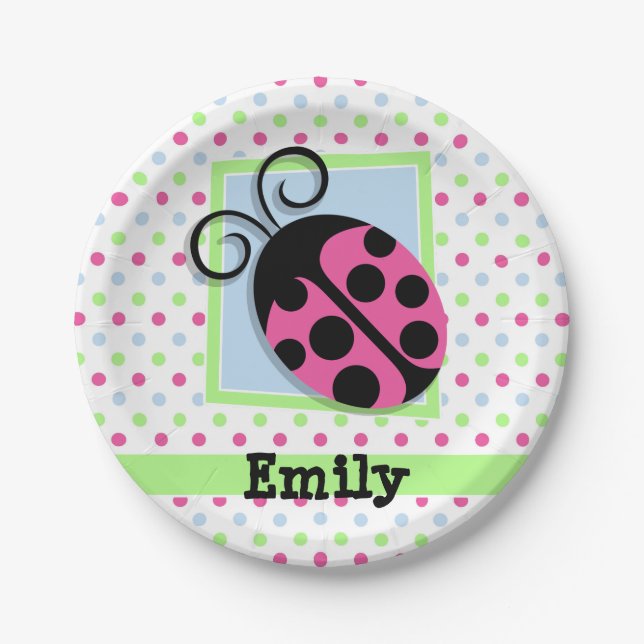 Pink Ladybug, Pink, Blue, Green, Polka Dots Paper Plates (Front)
