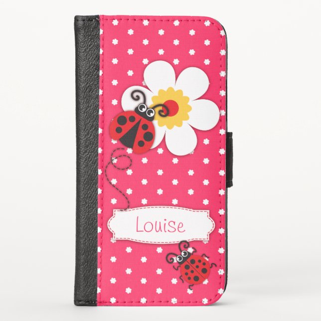 Pink ladybug polka flower girls iPhone flap case (Front)