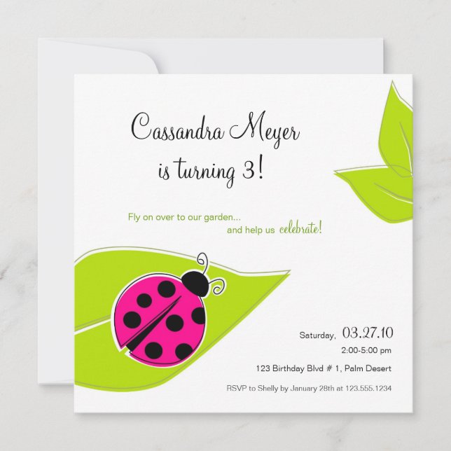 Pink Ladybug Square Birthday Invitation (Front)
