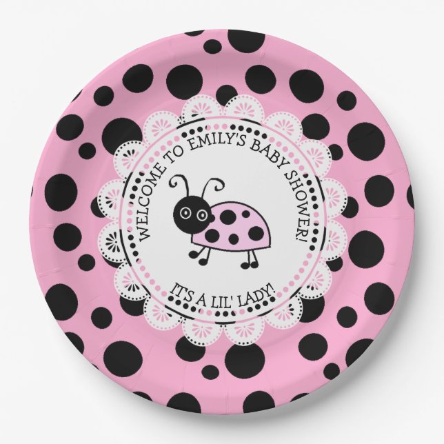 Pink Ladybug Themed Baby Shower Paper Plates (Front)