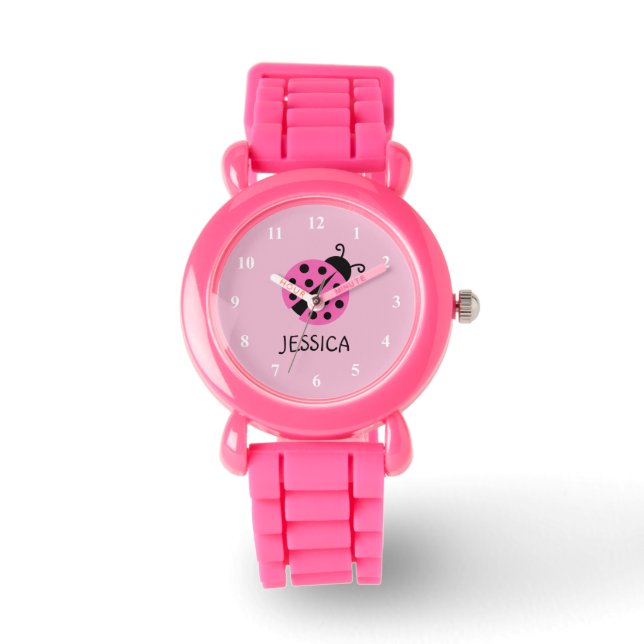 Pink ladybug watch personalized with girls name (Front)
